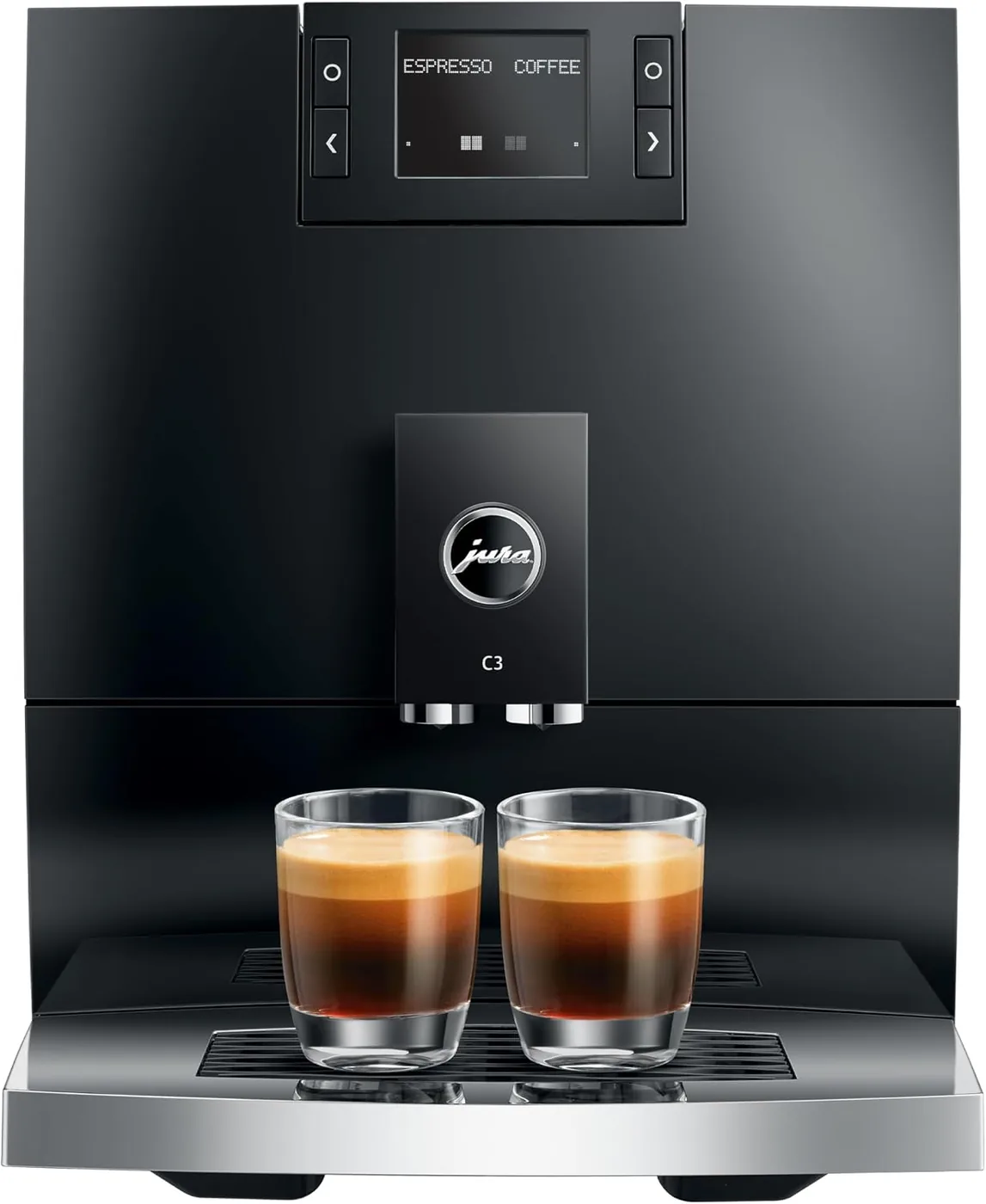 Jura C3 Piano Black super-automatic coffee machine, front view, with two espressos on the drip tray
