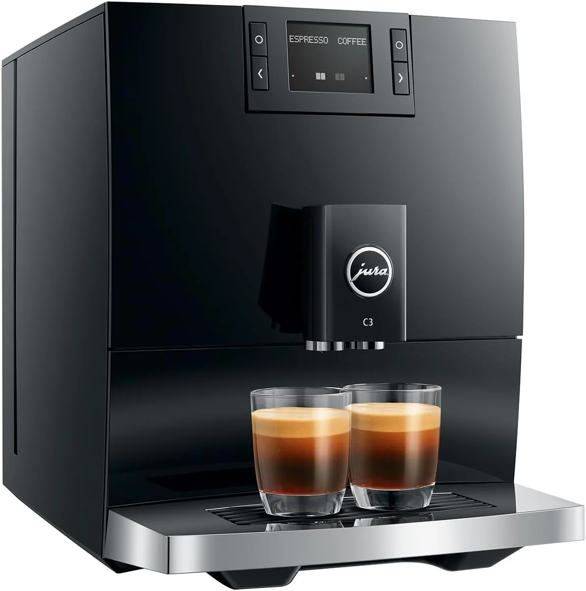 Jura C3 Piano Black seen from the front left at a three-quarter angle