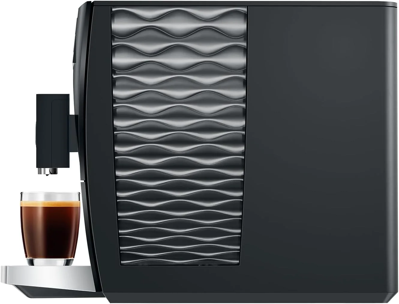 Detail of the wave-pattern side panel on the Jura C3 Piano Black