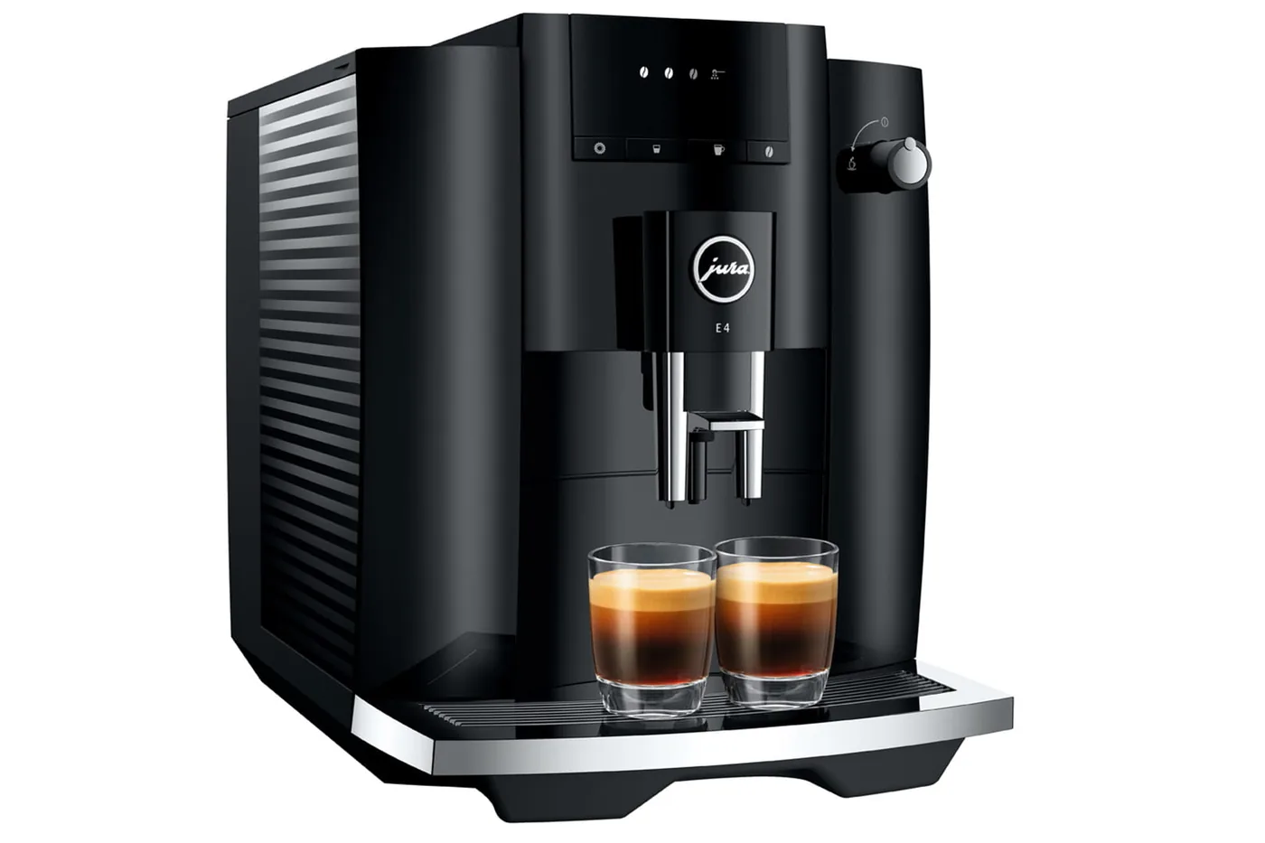 Jura E4 three-quarter view showing the symbol display and chrome spout
