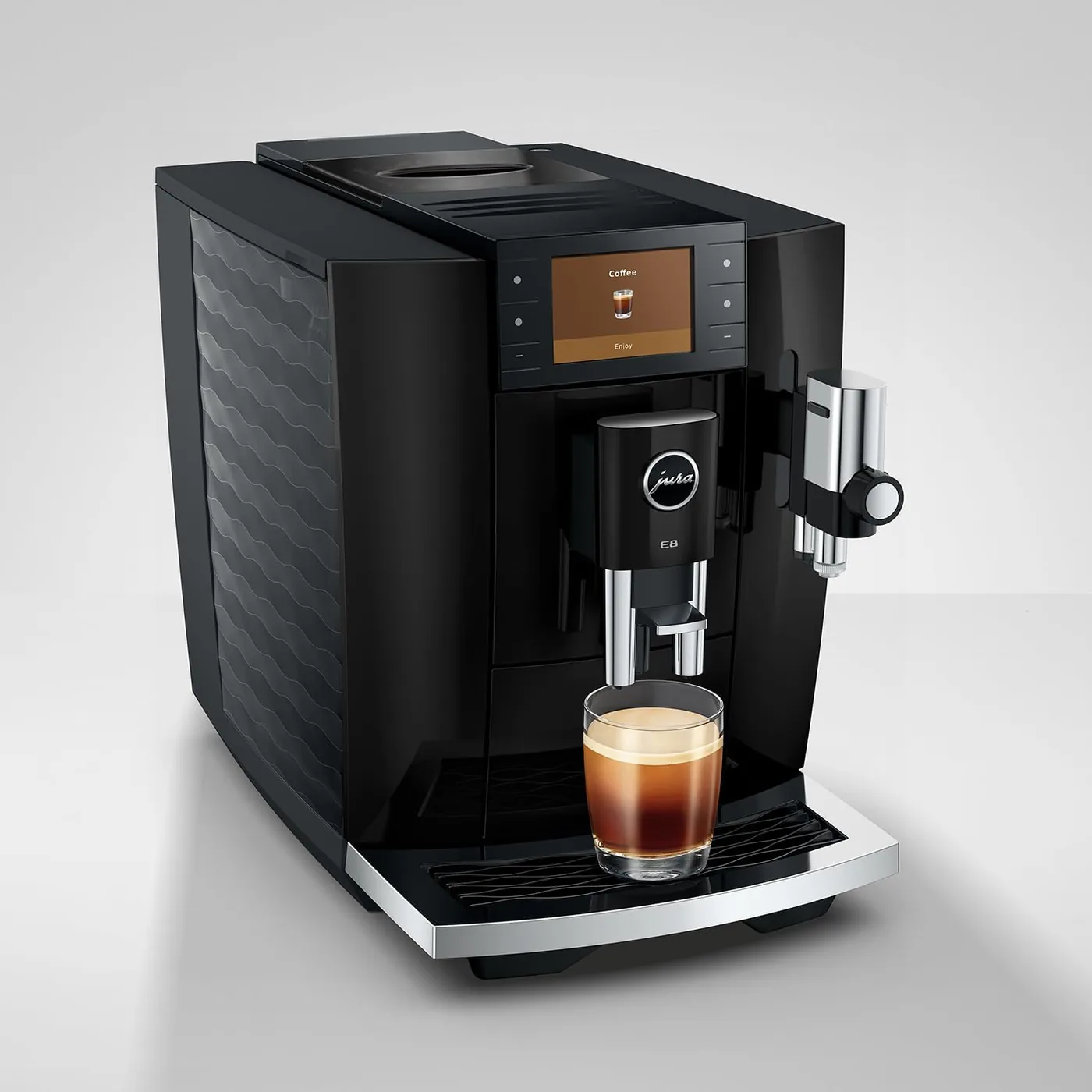 Jura E8 from above showing the bean container and the 10.6 inch wide body