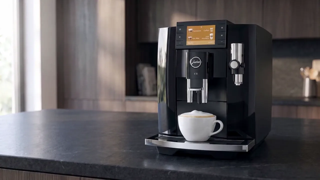 Black 5th-generation Jura E8 preparing a cappuccino
