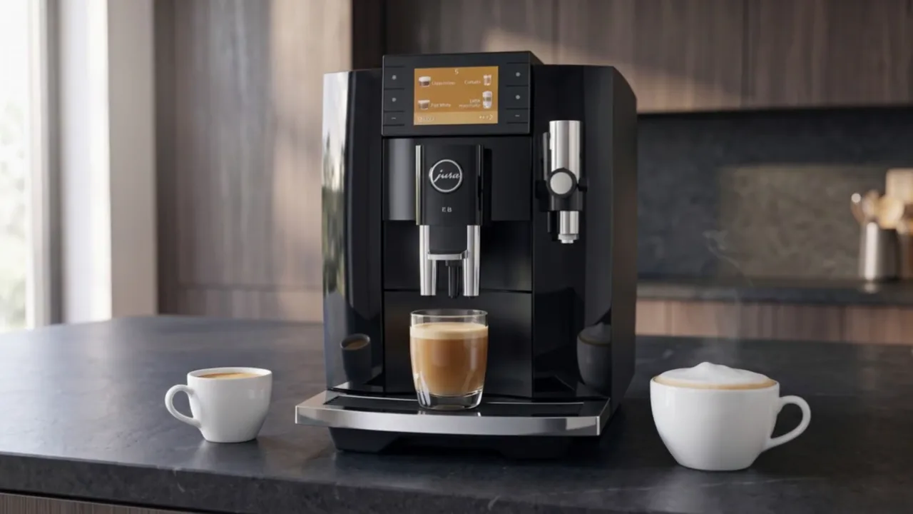Black 5th-generation Jura E8 with three prepared coffee drinks