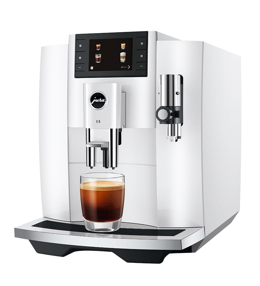 Jura E8 front-facing product image with two espresso glasses