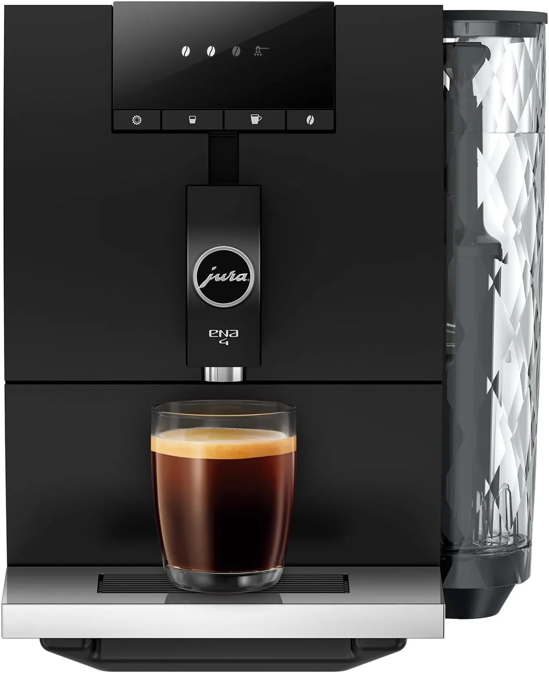 Jura ENA 4 Full Metropolitan Black from the front with a freshly brewed espresso