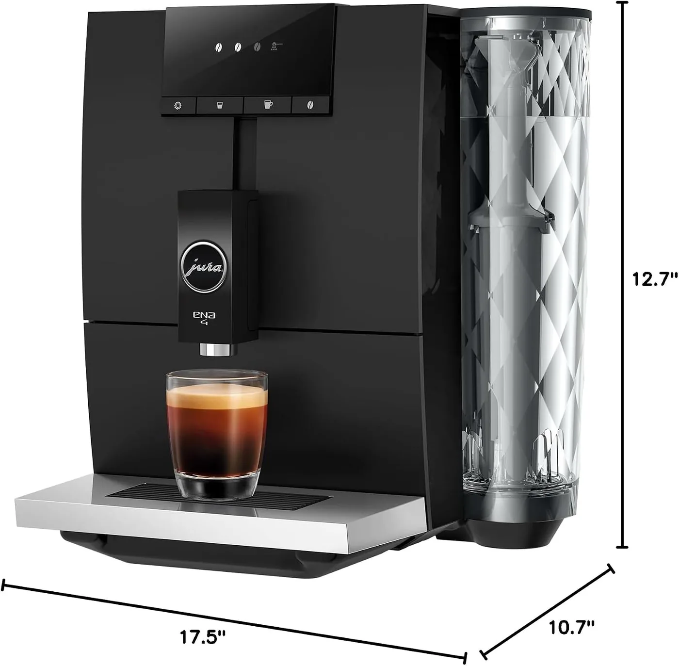 Dimensions diagram of the Jura ENA 4: 10.7 inches wide, 12.7 inches high, 17.5 inches deep