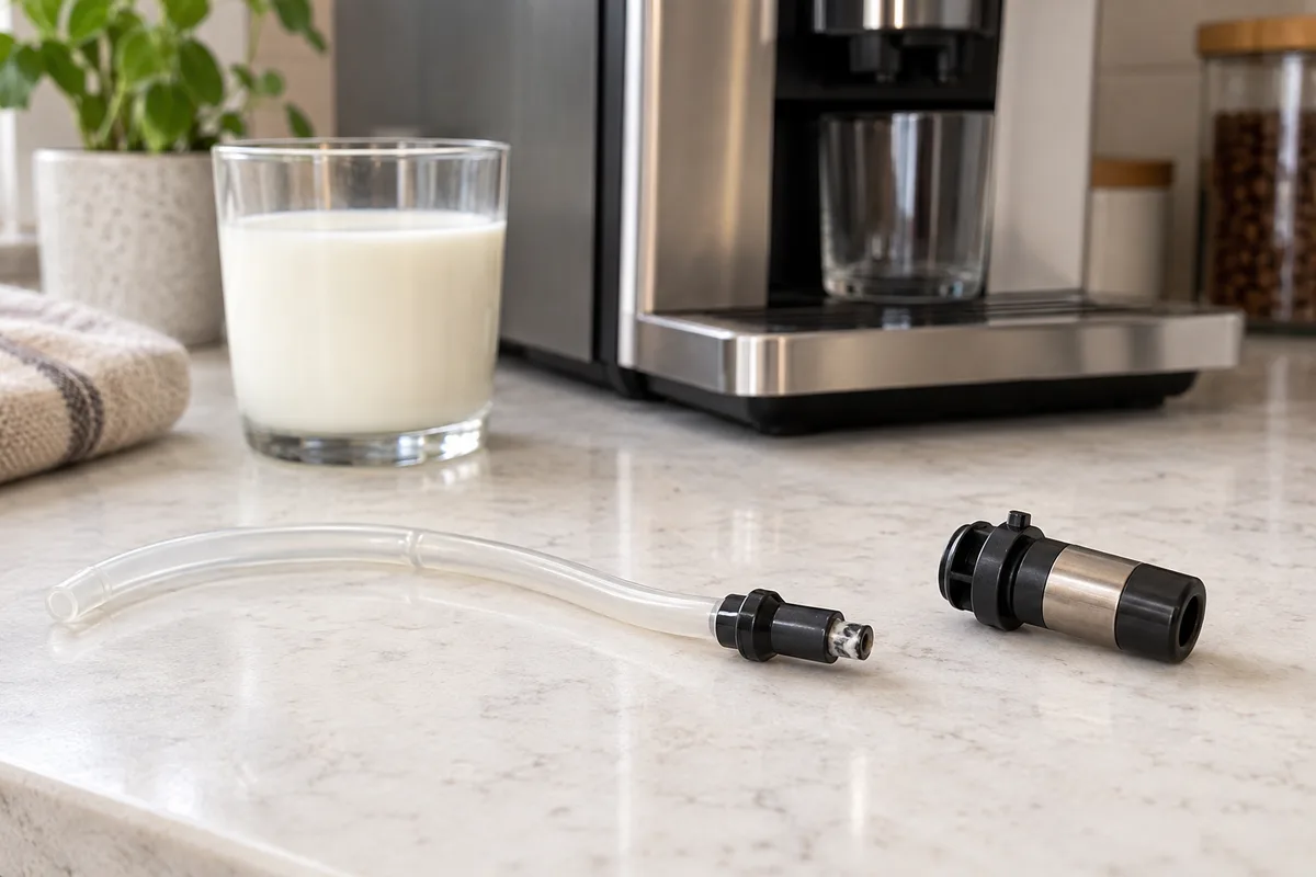 External milk tube and connector laid out for inspection beside an automatic coffee machine
