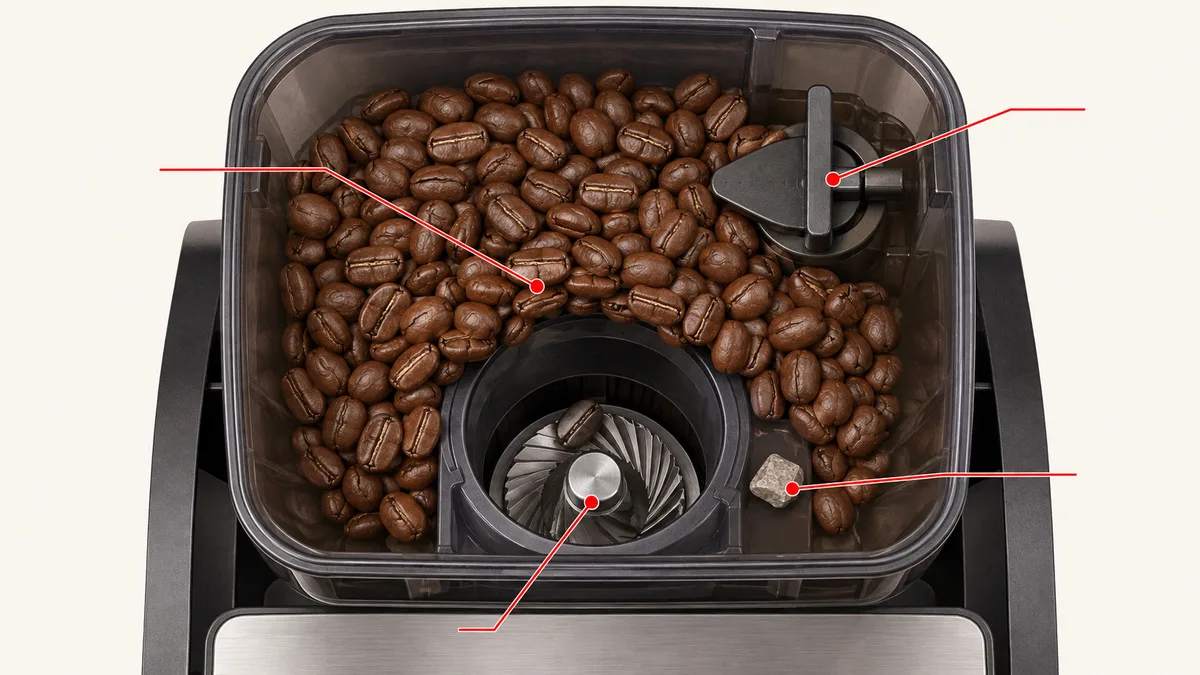 Bean hopper and feed gate close-up