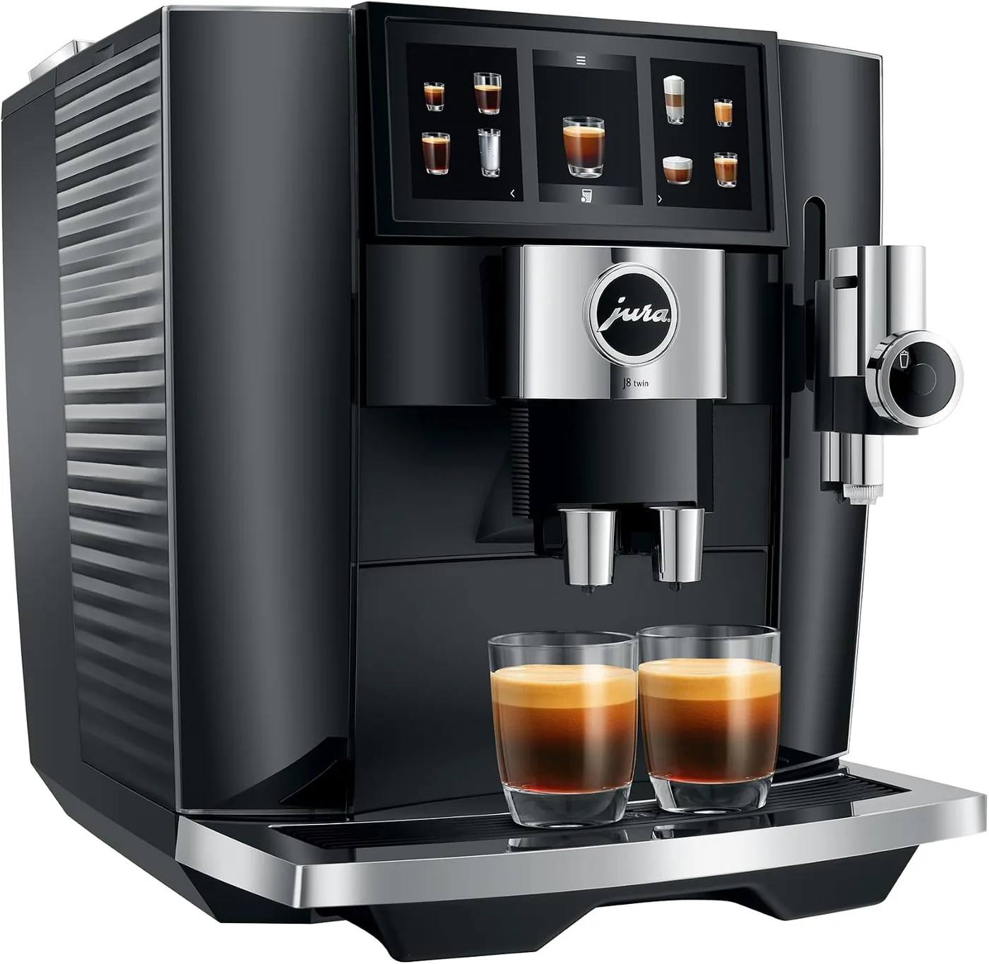 Jura J8 twin from the front left with two espressos on the drip tray