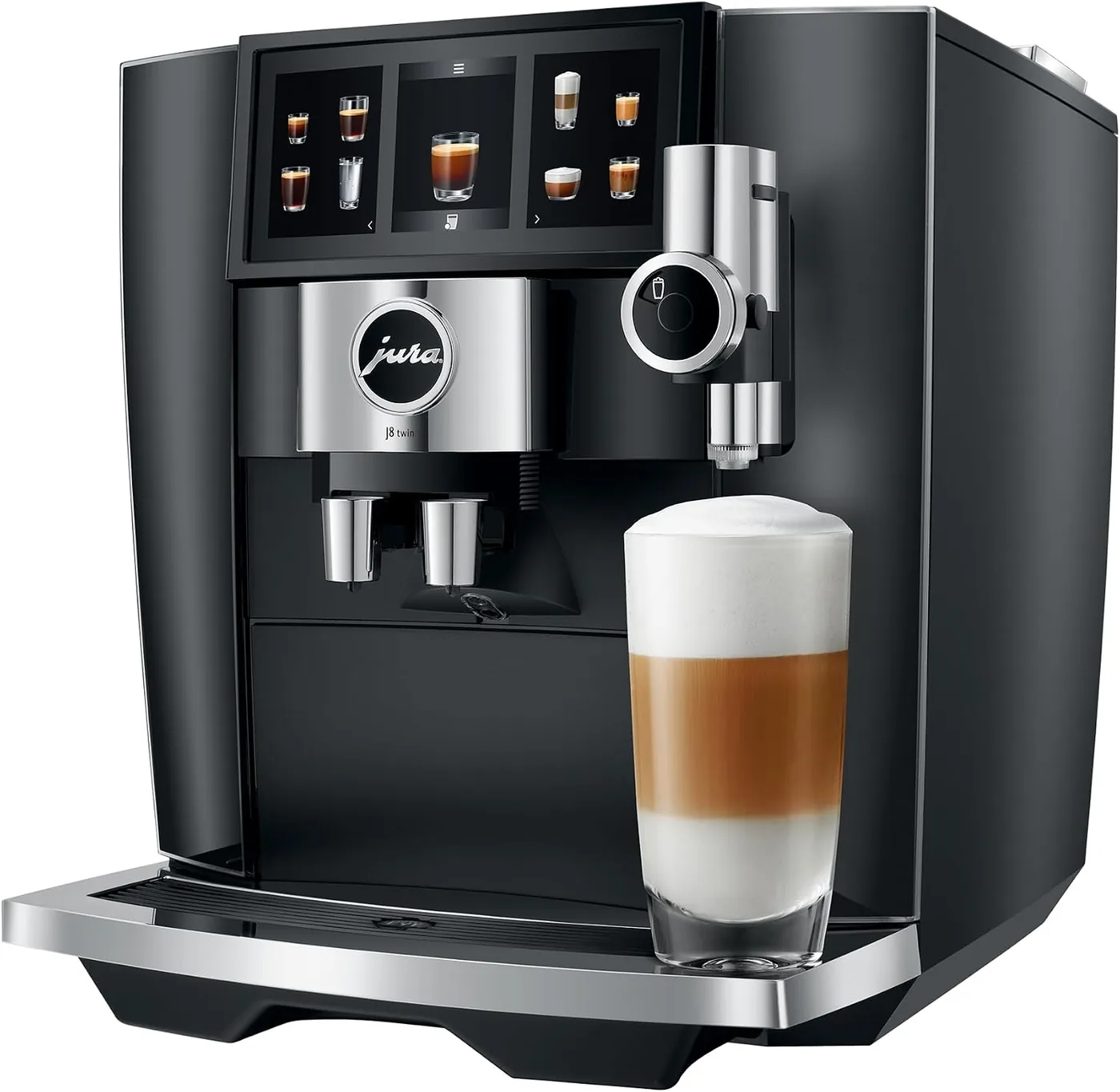 Jura J8 twin from the front right pouring a latte macchiato