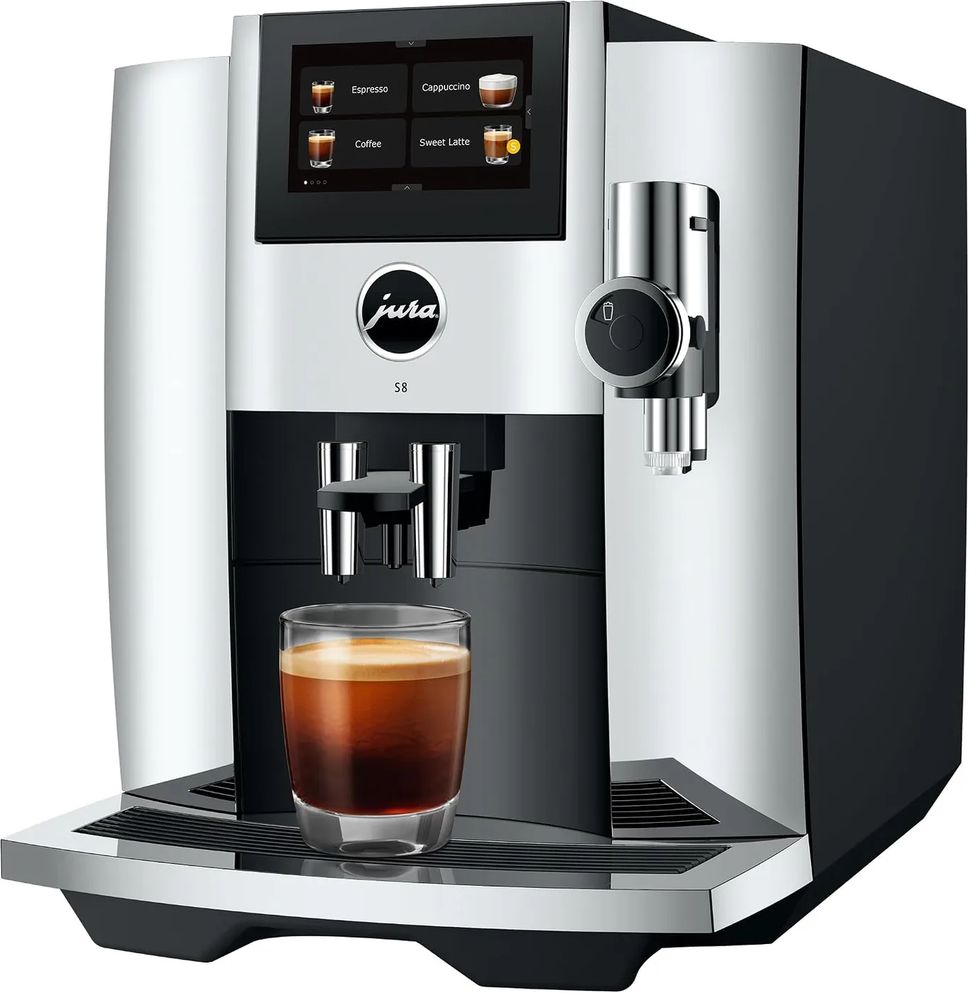 Jura S8 Chrome from the three-quarter left showing the wave-pattern side panel