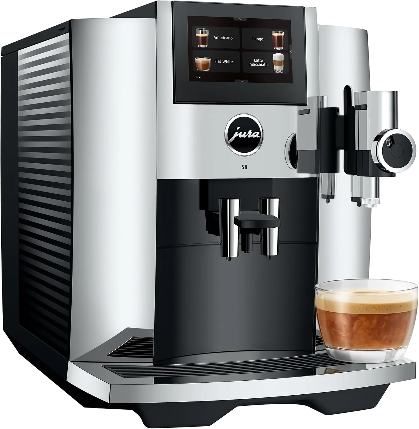 Jura S8 viewed from the front with the milk spout assembly visible on the right side