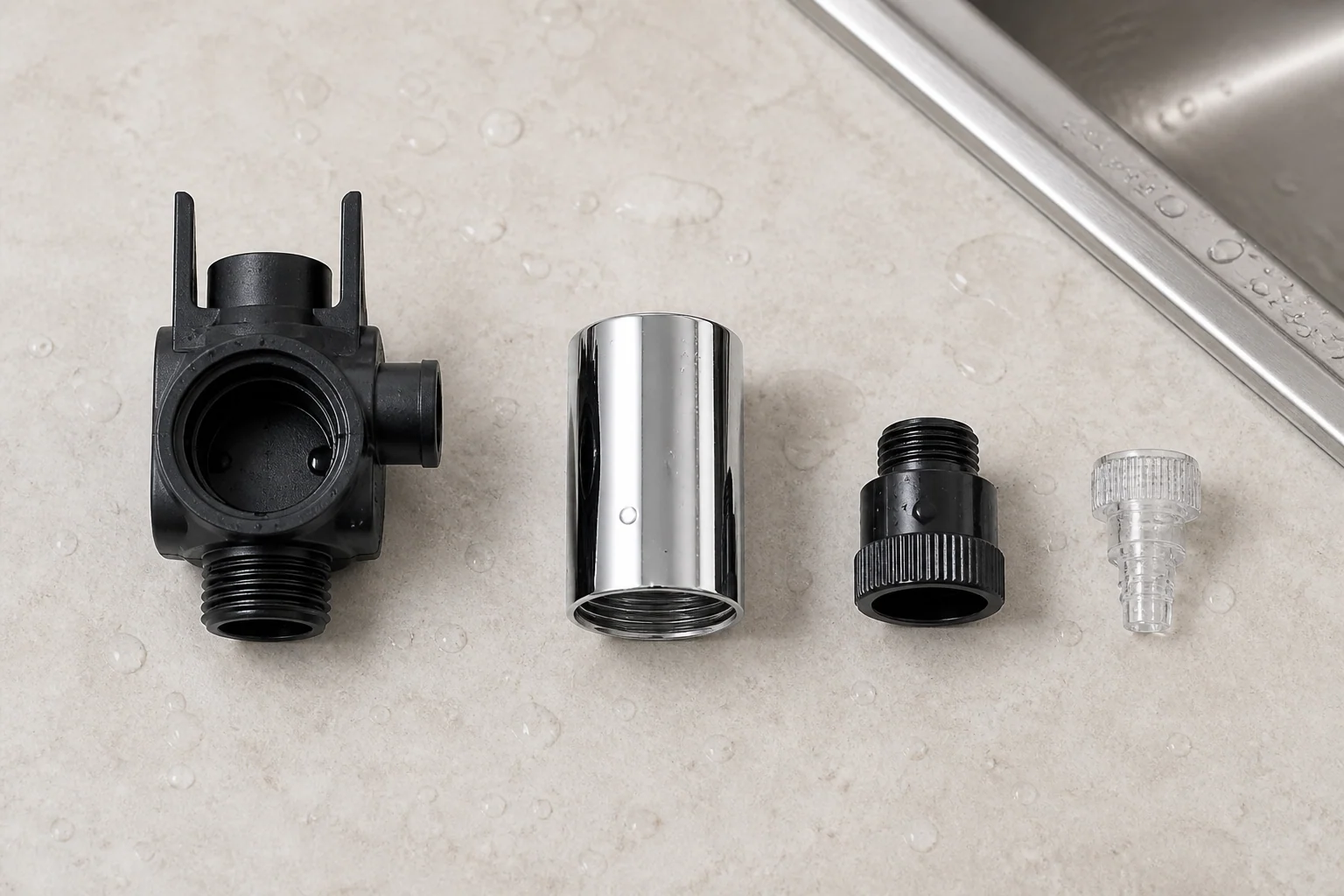 Jura W8 fine foam frother body, chrome sleeve, lower connector and clear milk pipe connector laid out for rinsing