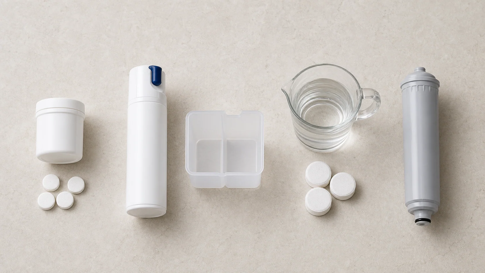 Four separate Jura W8 maintenance product groups: brew cleaning tablets, milk system cleaner and container, descaling tablets with water, and a professional water filter