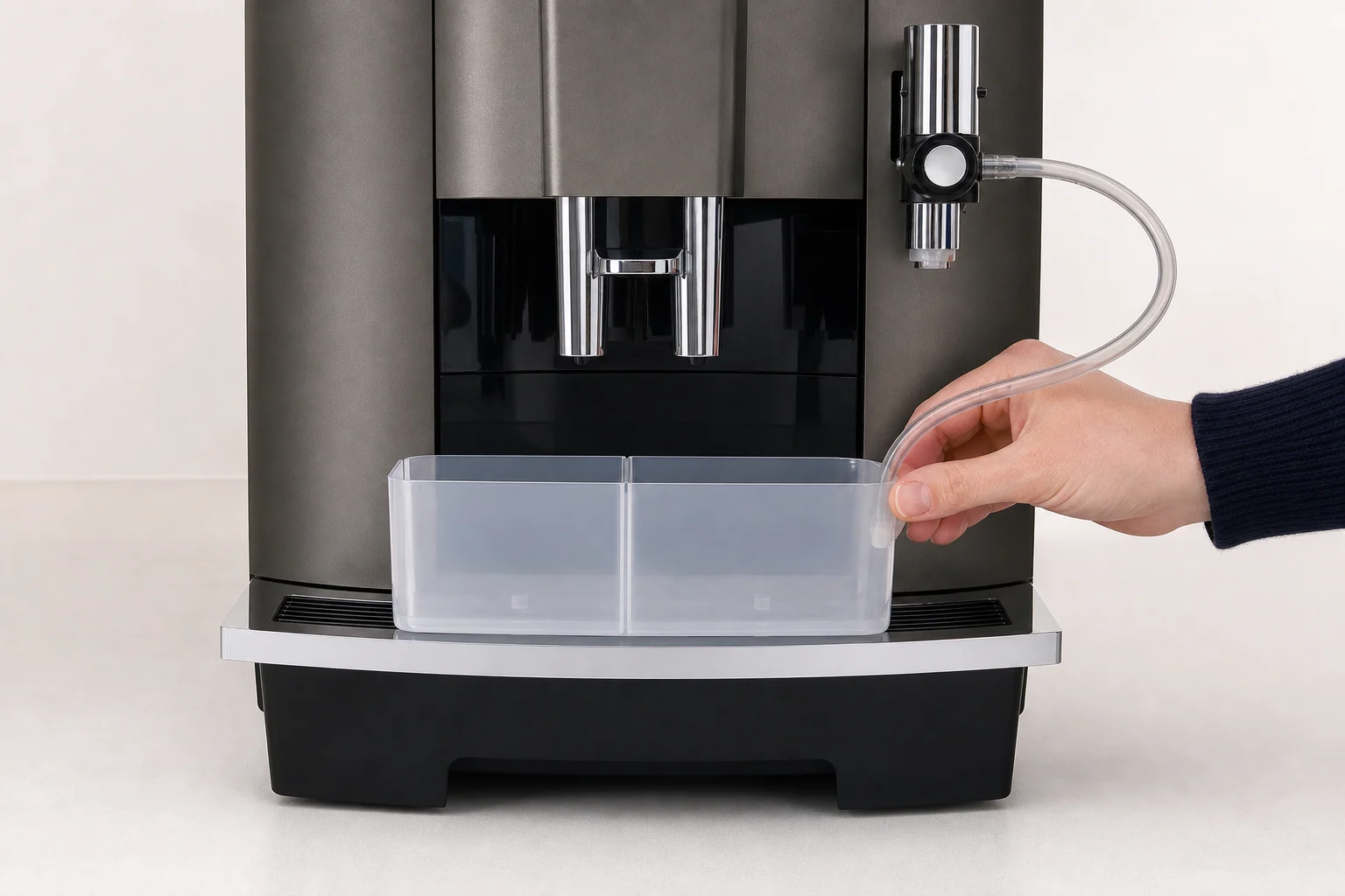 Jura W8 milk cleaning container positioned beneath both spout areas with the clear milk pipe ready to connect